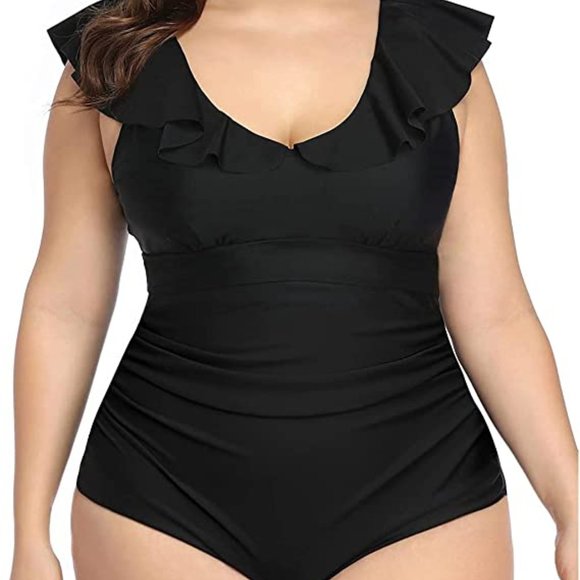 DACI Plus Size One Piece Ruffled V Neck Tummy Control Swimsuit - Picture 1 of 8